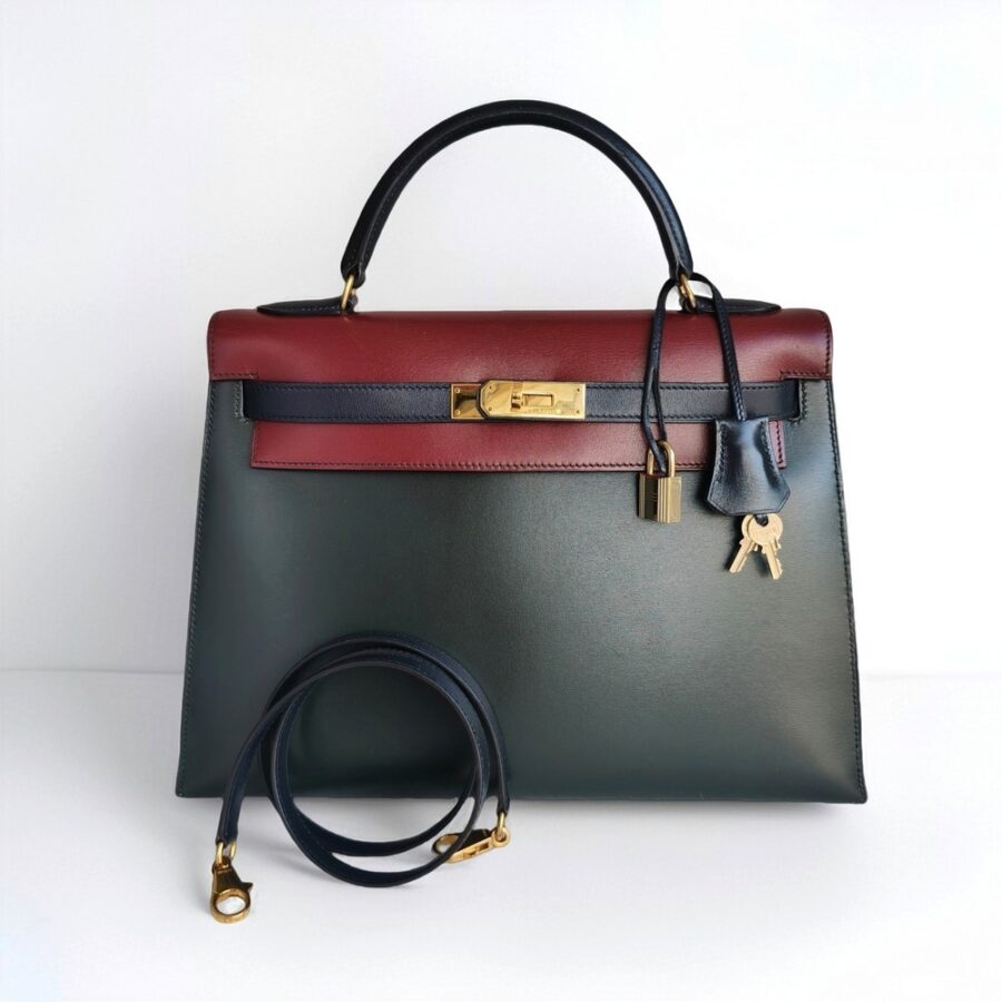 Hermes Kelly Sellier 32CM Vert Fonceblue Indigorough H Box Leather With Gold Hardware Bag #ROKT-1