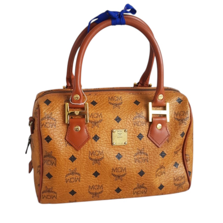 MCM Vintage Boston Bag Brown Visetos Coated Canvas With Leather And Gold Hardware #RTOU-1