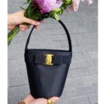 S Ferragamo Vintage Vara Bow Bucket Black Satin with Gold Hardware #ROYR-12
