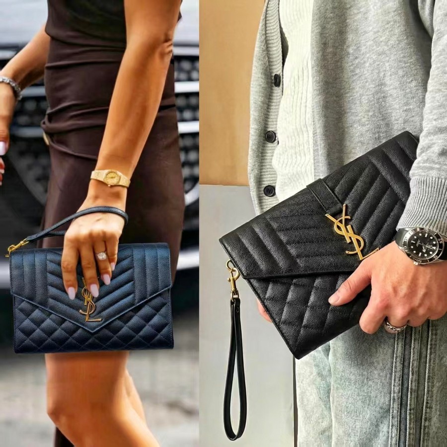 Saint Laurent Envelope Flap Wristlet Pouch Black Leather with Gold Hardware #ROKU-1