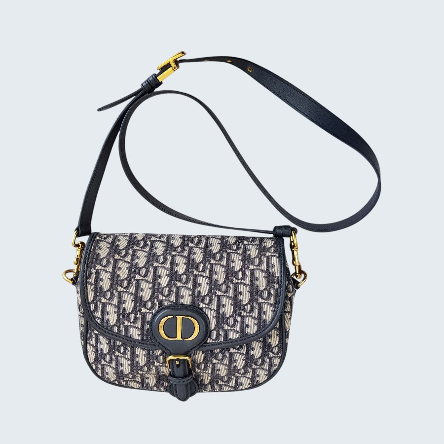 C.Dior Medium Dior Bobby Bag Blue/Black Oblique Jacquard Canvas with Leather and Gold Hardware #RORT-8