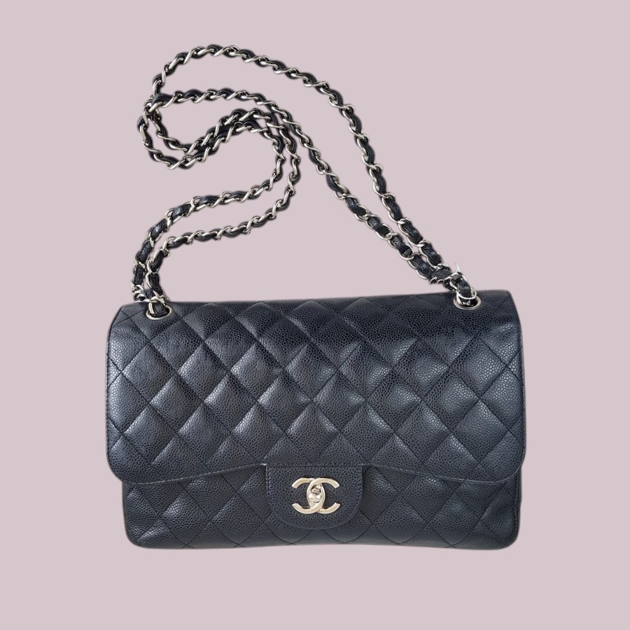 Chanel Classic Jumbo Double Flap Bag Black Grained Calfskin with Silver Hardware #RTOT-1