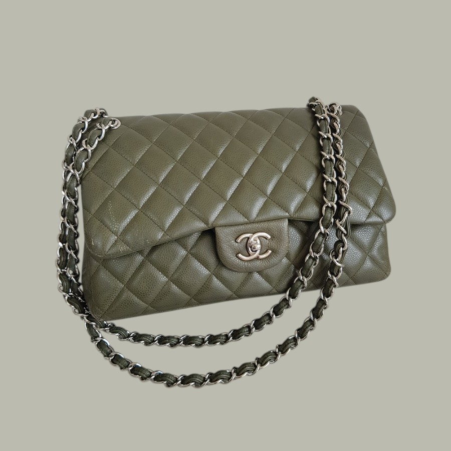 Chanel Classic Jumbo Double Flap Bag Olive Green Grained Calfskin with Silver Hardware #RKUC-2