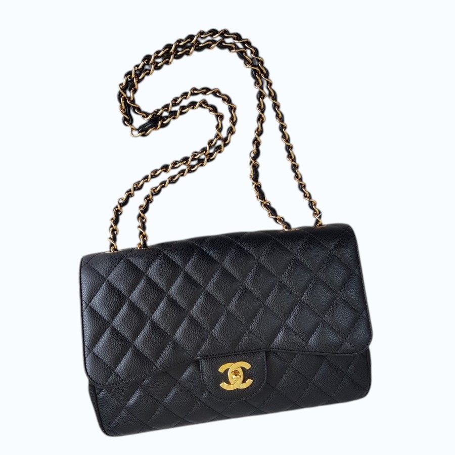 Chanel Classic Jumbo Single Flap Bag Black Grained Calfskin with Gold Hardware #RSLT-1