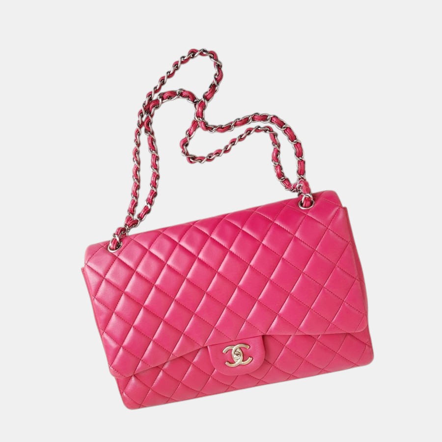 Chanel Classic Maxi Jumbo Single Flap Bag Rose Pink Lambskin with Silver Hardware #RKUC-3