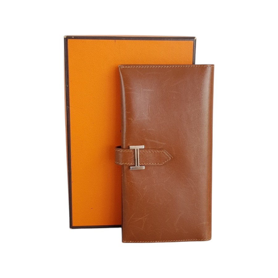 Hermes Bearn Long Wallet Brown Calfskin with Palladium Plated Hardware Bag #ROTO-39