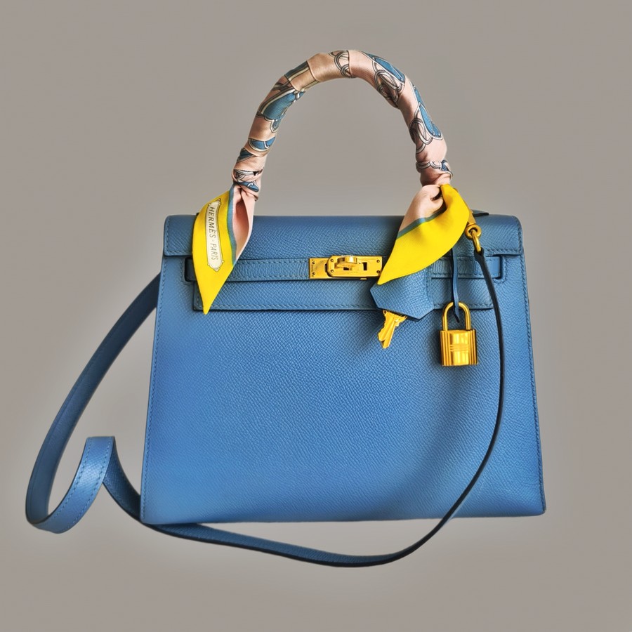 Hermes Kelly Sellier 25cm Blue Epsom Leather with Gold Plated Hardware Bag #ROSE-1