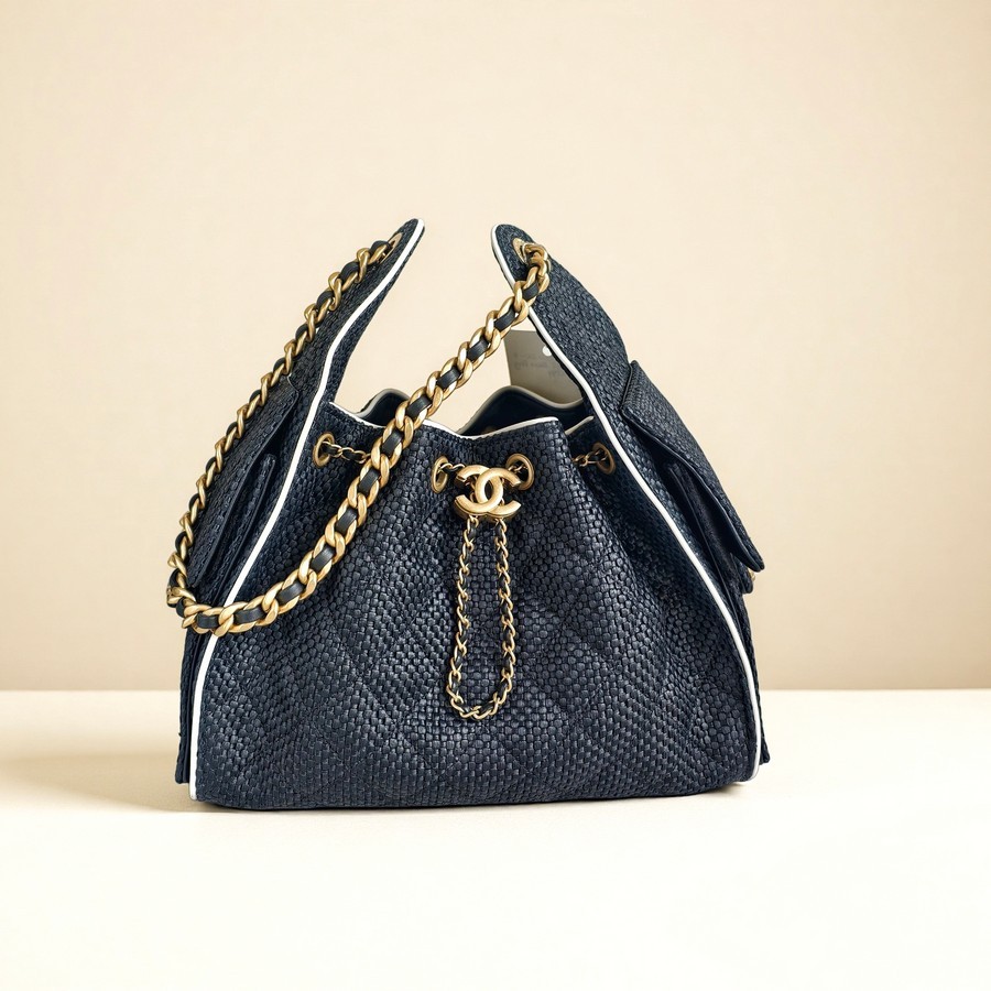 Chanel 25 Small AS5293 Black Raffia Calfskin and Gold Hardware #RORT-7