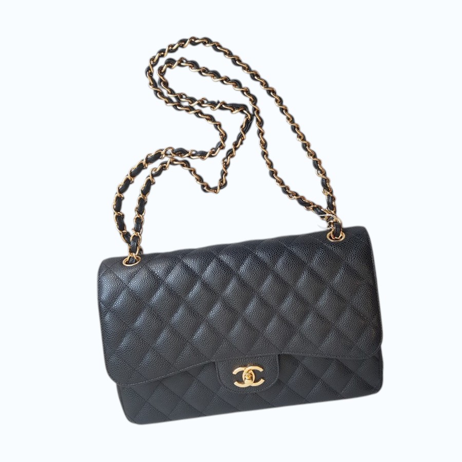 Chanel Classic Jumbo Double Flap Bag Black Grained Calfskin with Gold Hardware #RORK-3