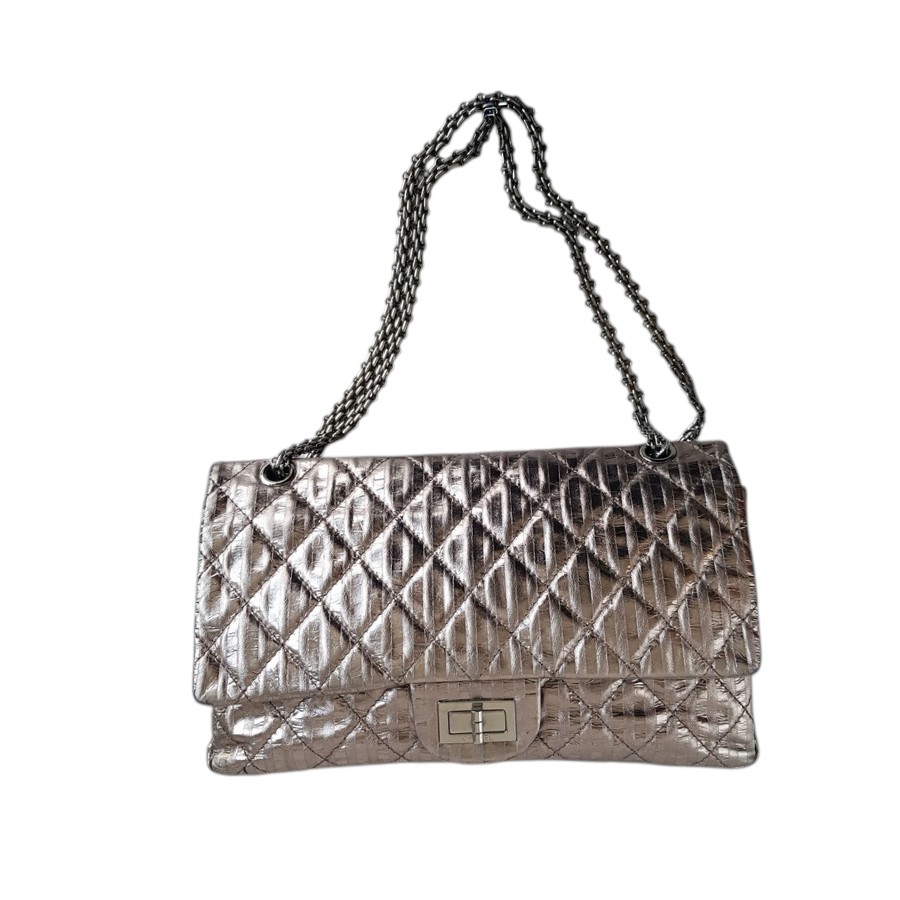 Chanel 2.55 Maxi Double Flap Metallic Bronze Striped Quilted Aged Calfskin with Ruthenium Hardware #ROYY-1