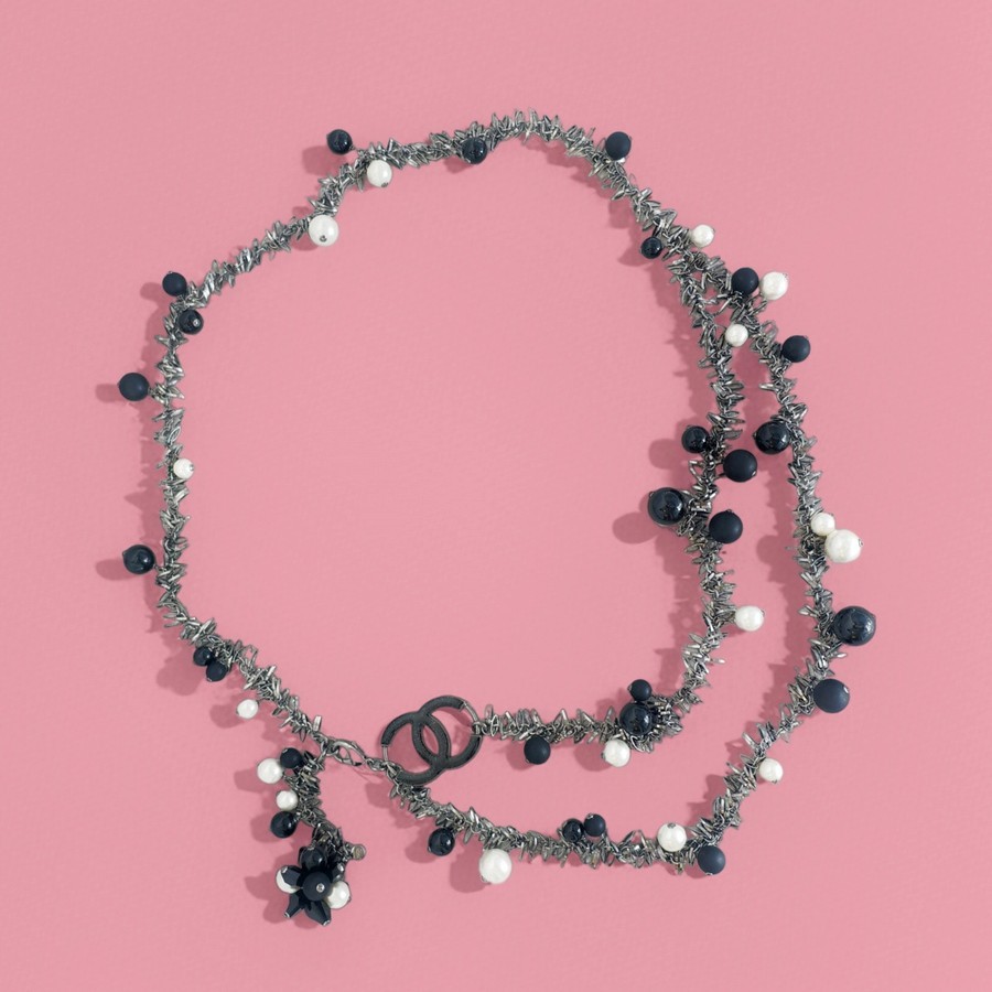 Chanel Belt Necklace Black and White Faux PearlsBeads #RTSK-13