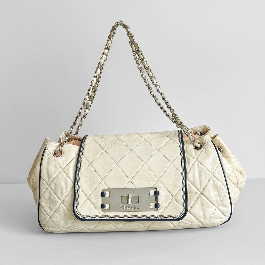 Chanel East West Accordion Flap Bag Cream Calfskin with Silver Hardware #RRER-8