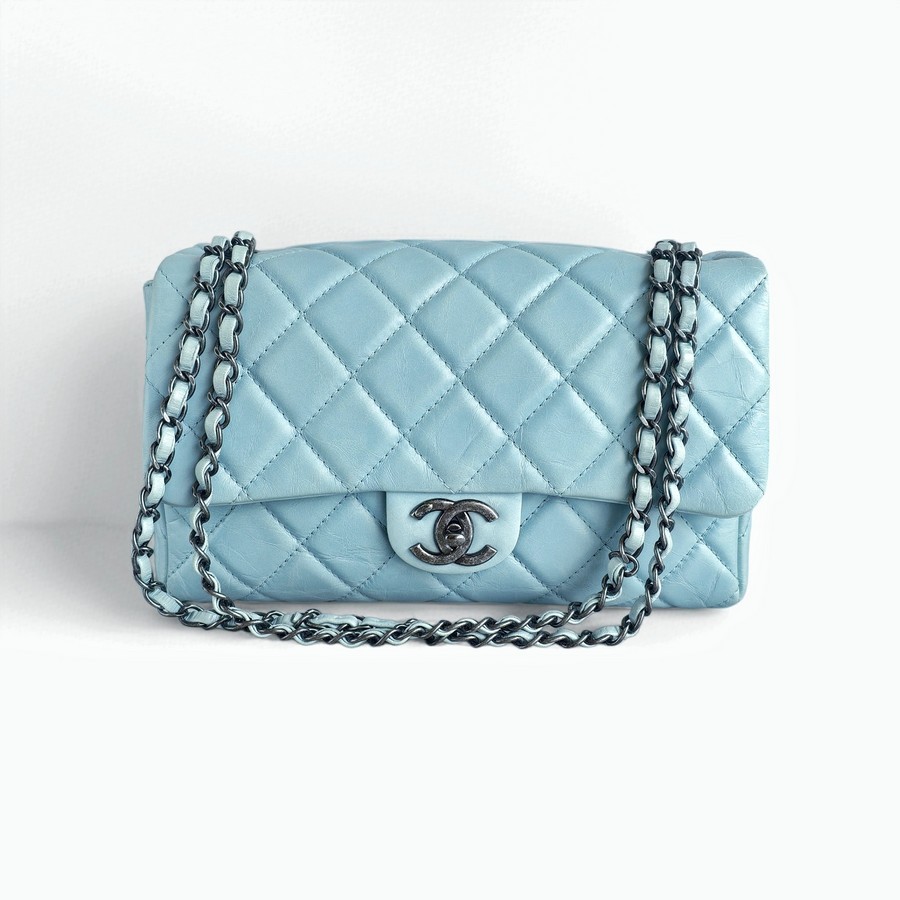 Chanel Flap Bag Light Blue Aged Calfskin with Ruthenium Hardware #RRSK-1