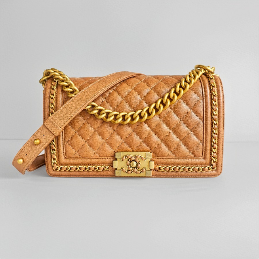 Chanel Medium Boy 25cm Brown Grained Calfskin with Gold Hardware #RRSC-1