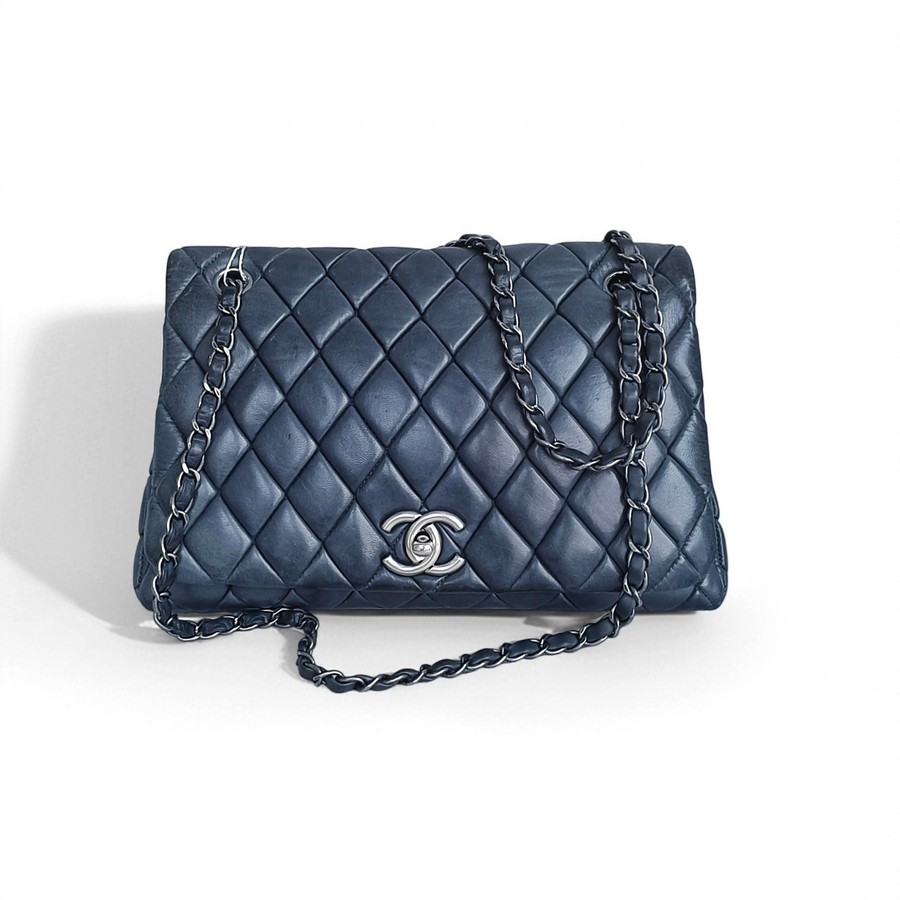Chanel Shoulder Flap Bag Navy Blue Lambskin with Ruthenium Hardware #RRSY-1