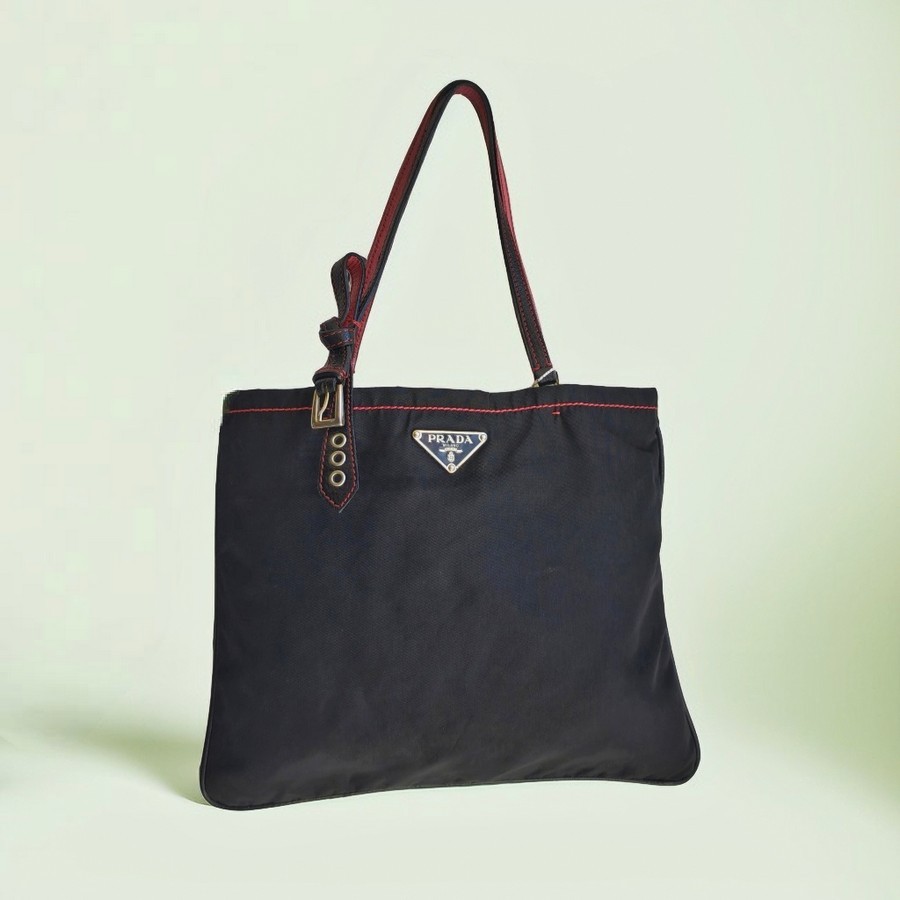 Prada Tote Black Nylon with Leather and Silver Hardware Bag #RRRR-1