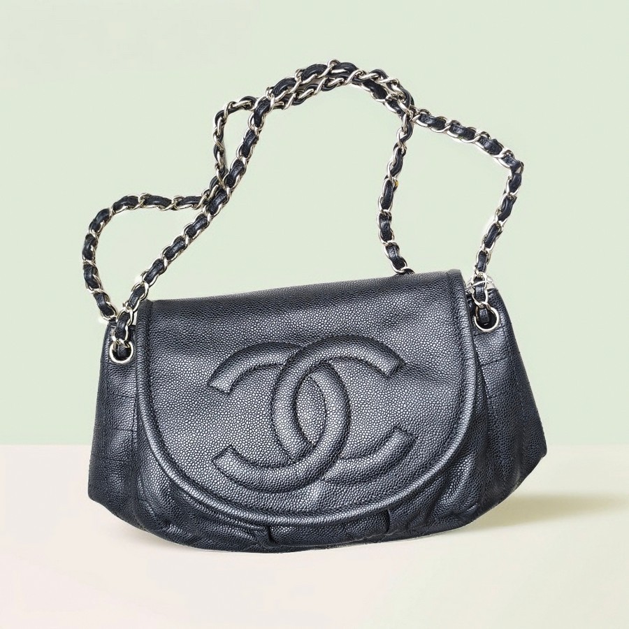 Chanel Halfmoon Flap Bag Black Grained Calfskin with Silver Hardware #GUUKE-1