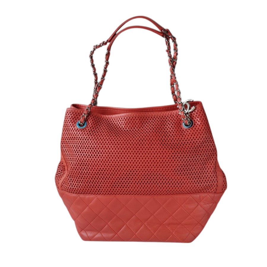 Chanel Shoulder Bag Coral Orange Perforated Calfskin with Silver Hardware #RTRU-1