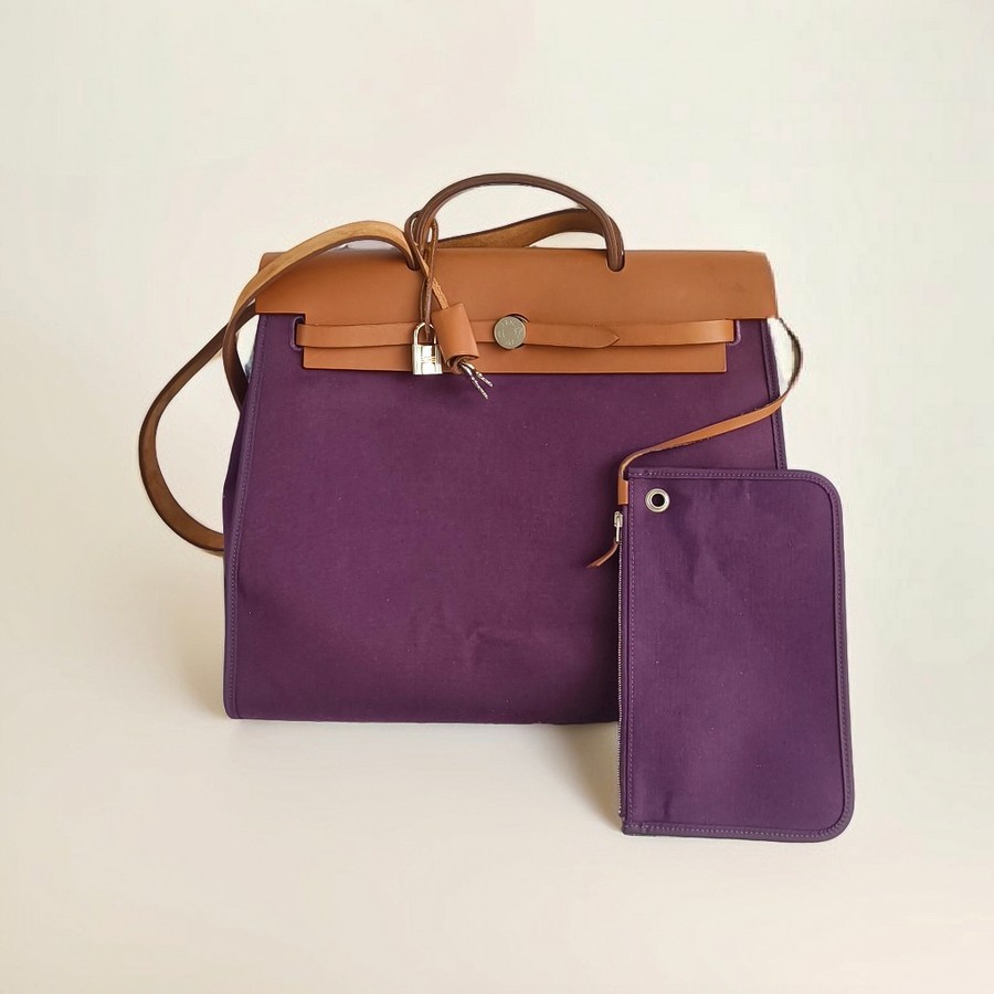 Hermes Herbag Zip 39cm Purple Canvas with Leather and Palladium Hardware #GUUCS-3