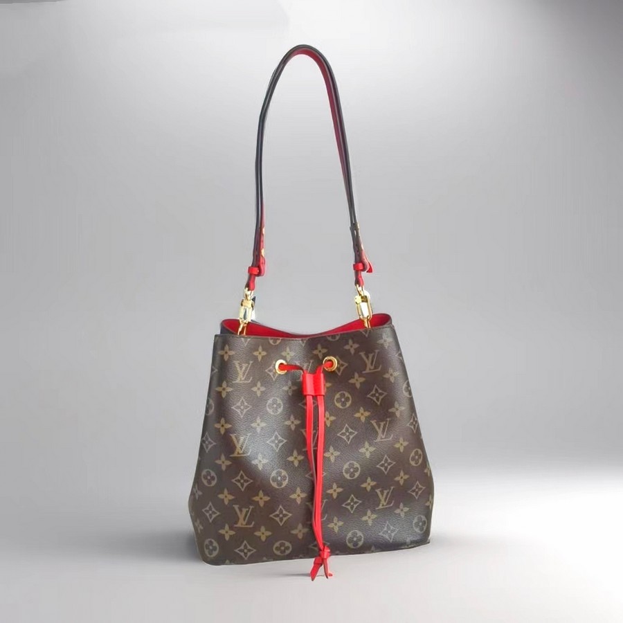 LV Neonoe MM Brown Monogram Coated Canvas with Red Leather and Gold Hardware #GUUUY-2