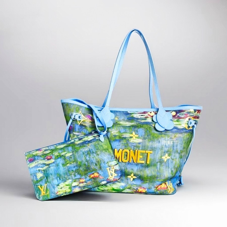 LV Neverfull LV x Jeff Koong Master Monet MM Blue Coated Canvas with Leather and Gold Hardware #GUUCE-1