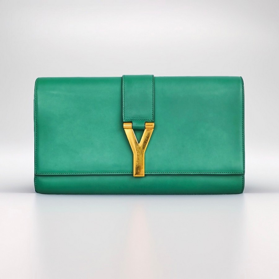 YSL Y-Ligne Clutch Green Leather with Gold Hardware #GUUUK-1