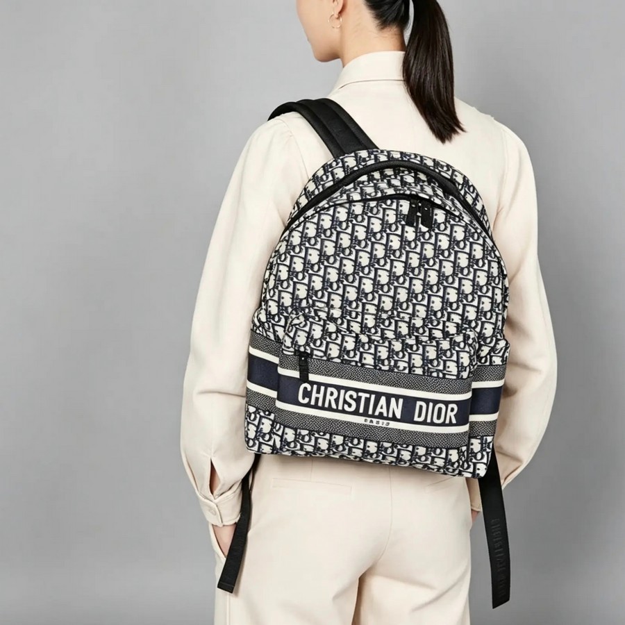 C.Dior Dior Travel Backpack BlueBlack Oblique Jacquard Canvas with Leather and Silver Hardware #GUUTY-1