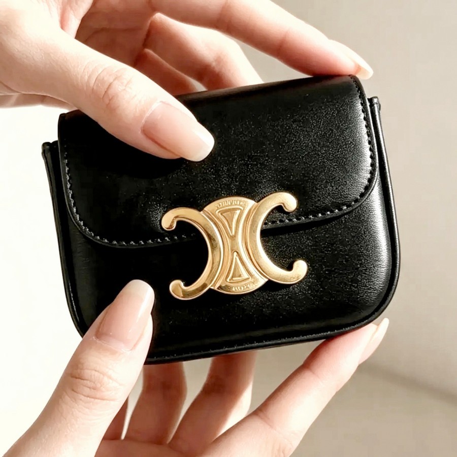 Celine Mini Triomphe Black Shiny Calf Leather with Gold Hardware #GUUYK-1