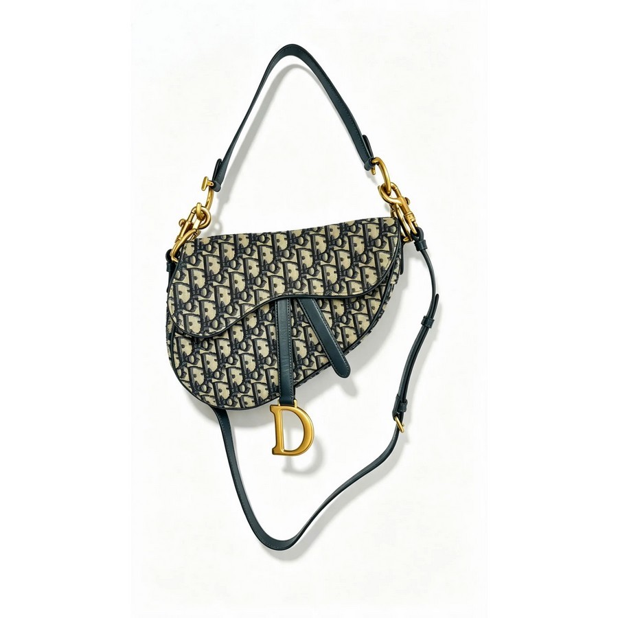 Dior Saddle Bag with Strap Blue with Canvas/Leather and Gold Hardware #GUUOO-1