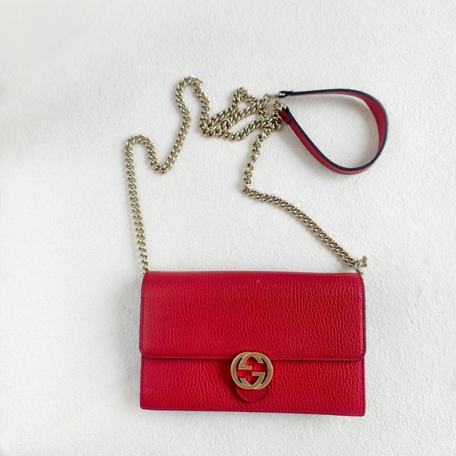 Gucci WOC Interlocking Wallet On Chain Red Calf Leather with Gold Hardware #GUCEE-1