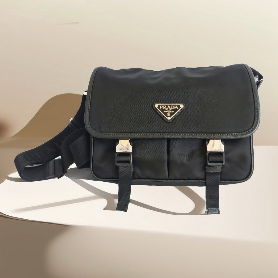 Prada Messenger Bag Black Nylon with Leather and Silver Hardware Bag #GUUCL-1