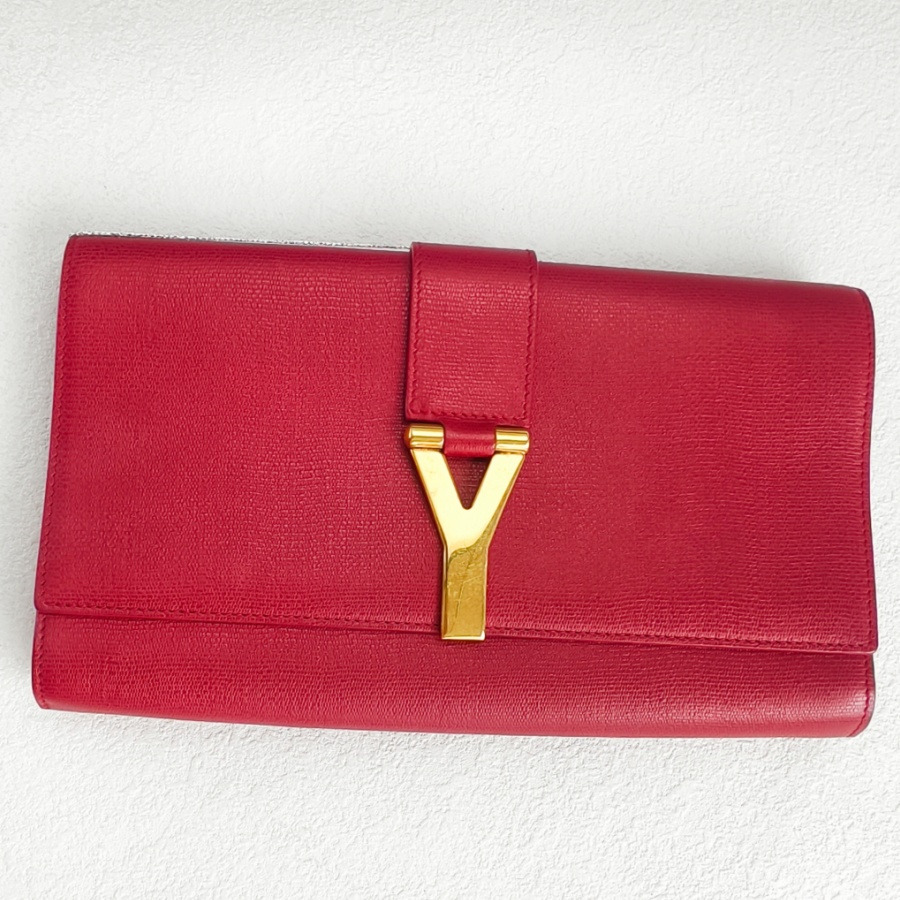 YSL Y-Ligne Clutch Red Leather with Gold Hardware #GUUOE-1