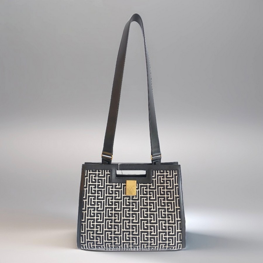 Balmain Tote Bag BlackWhite Canvas with Leather and Gold Hardware #RSCO-3