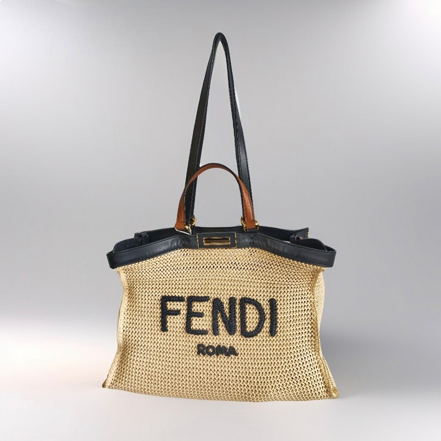 Fendi Peekaboo X-Tote Medium Brown Rafia with Leather and Gold Hardware #RTOS-1